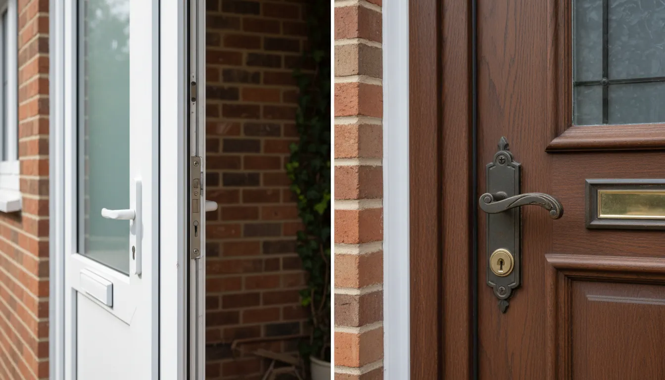 Comparație între o ușă de exterior subțire și una groasă direct la fațada casei