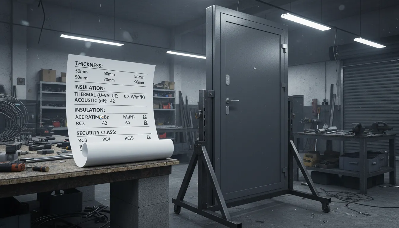 Fișă tehnică cu specificații lângă ușă de exterior pe un stand în atelier