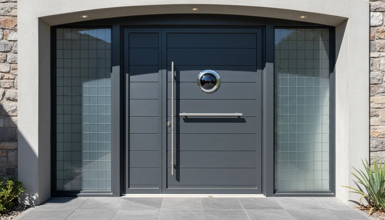 Fațadă modernă cu ușă antiefracție montată la intrarea principală