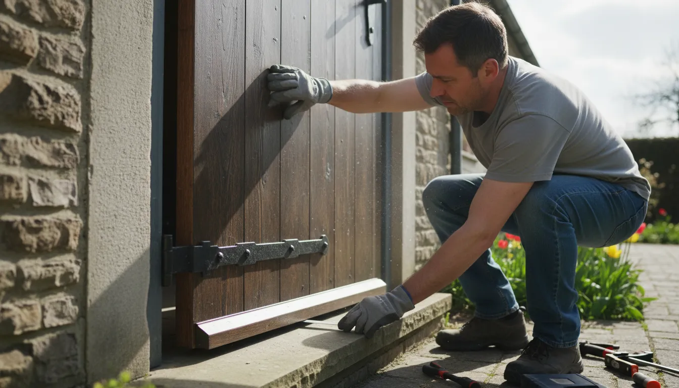 Proprietar verifică integritatea unei uși groase de exterior instalate la intrare