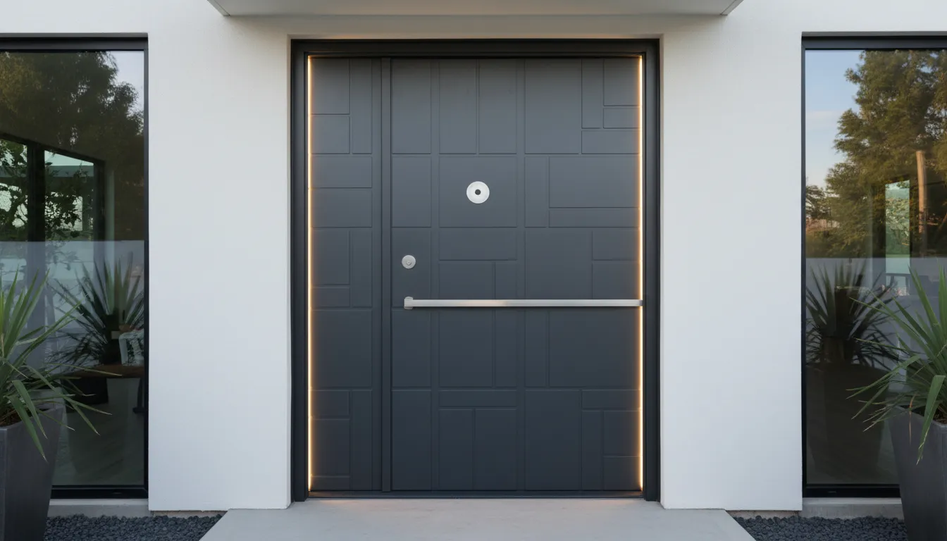 Ușă de exterior antiefracție masivă montată la intrarea principală a unei case moderne