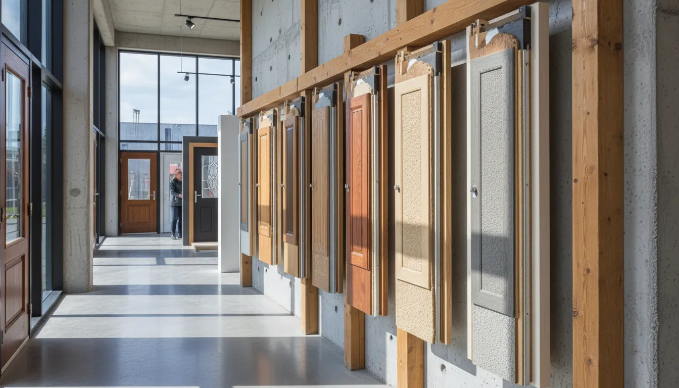 Compararea grosimii diferitelor modele de uși de exterior într-un showroom