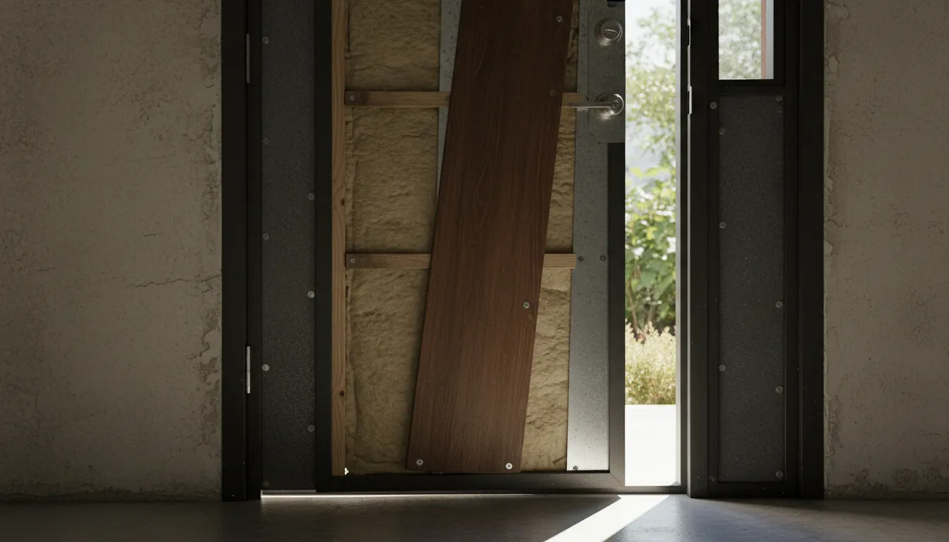 Detaliu secțiune transversală a unei uși antiefracție cu strat izolator