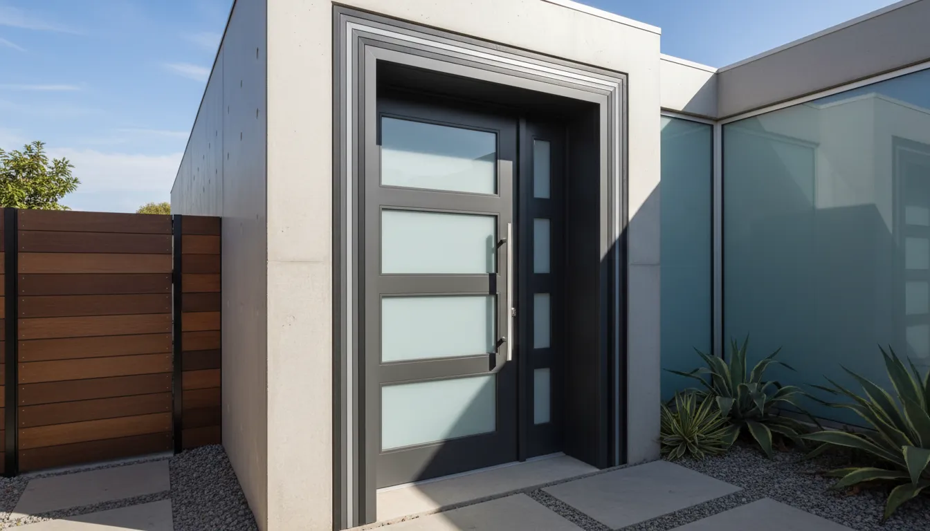 Detaliu lateral al unei uși de exterior groase montate la intrarea unei case moderne